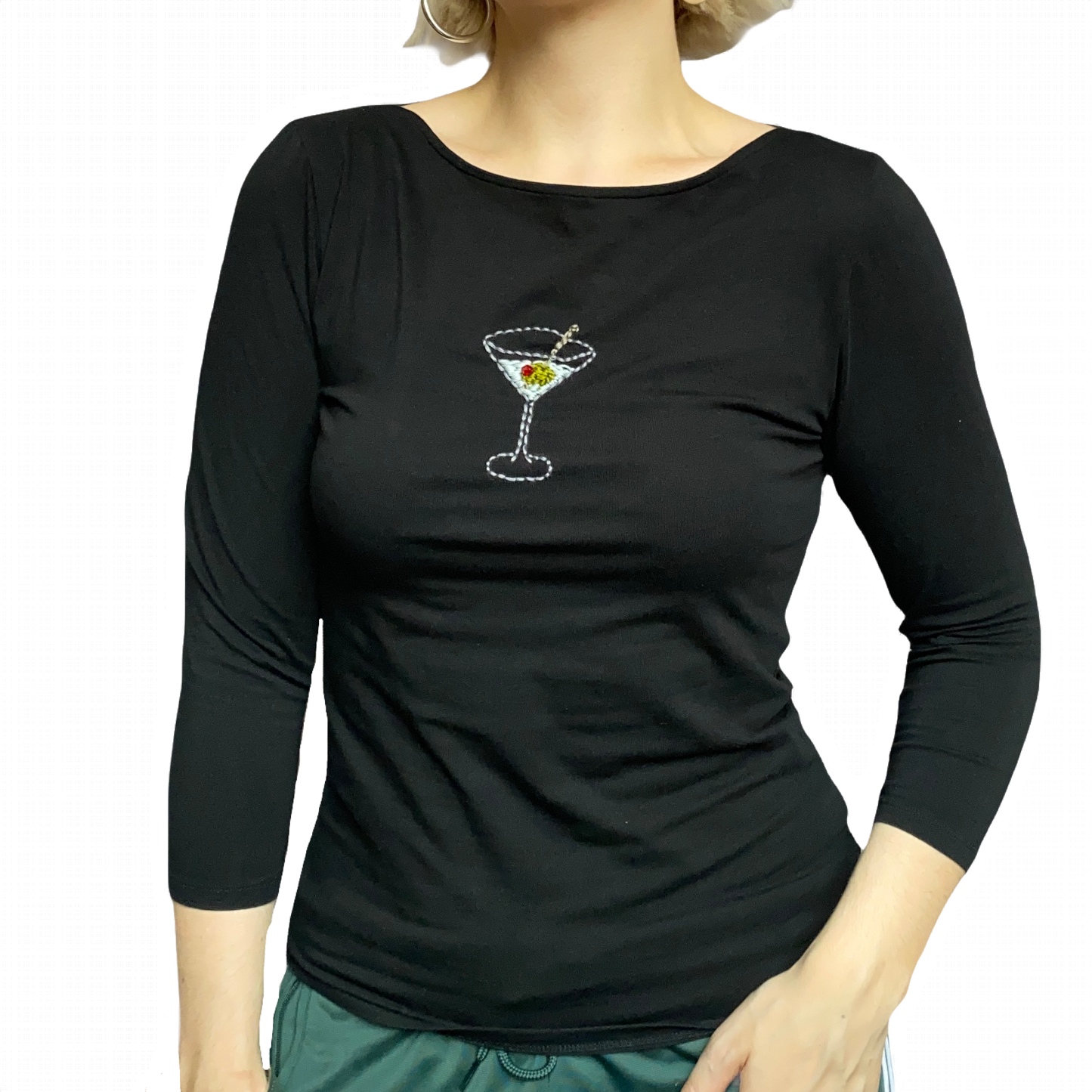 Martini Embroidered Slash Neck Top