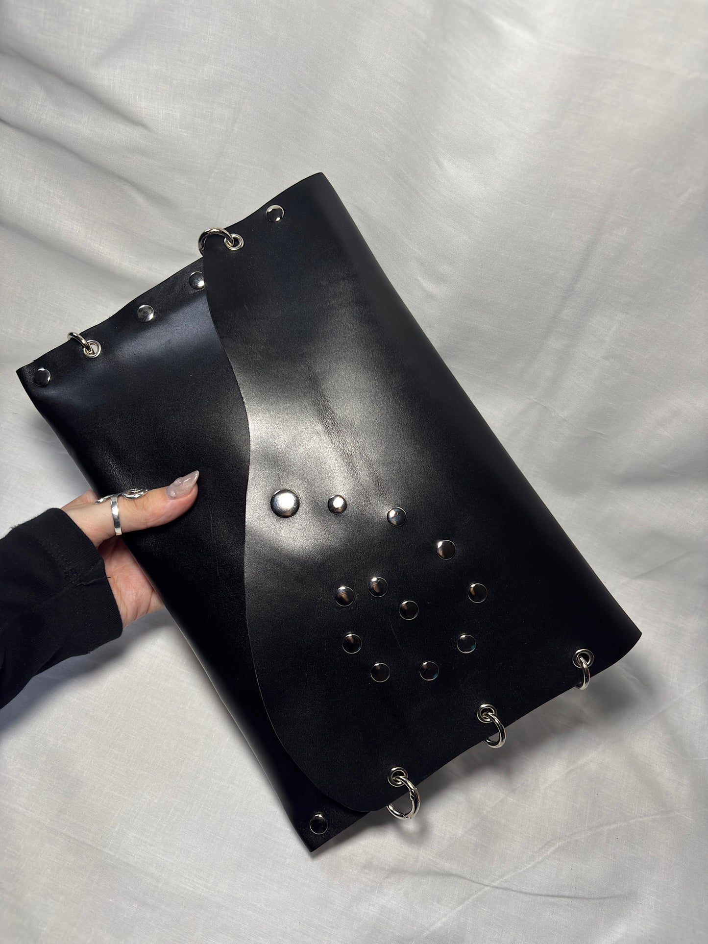 Black Studded Leather Clutch Bag