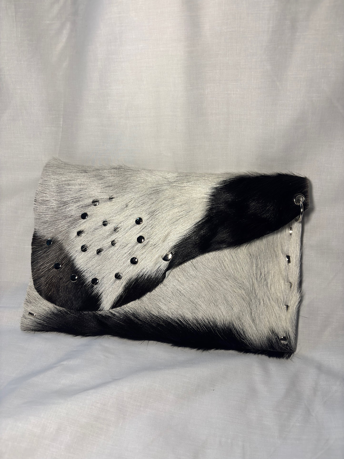 Black and White Hair-On Leather Studded Clutch Bag