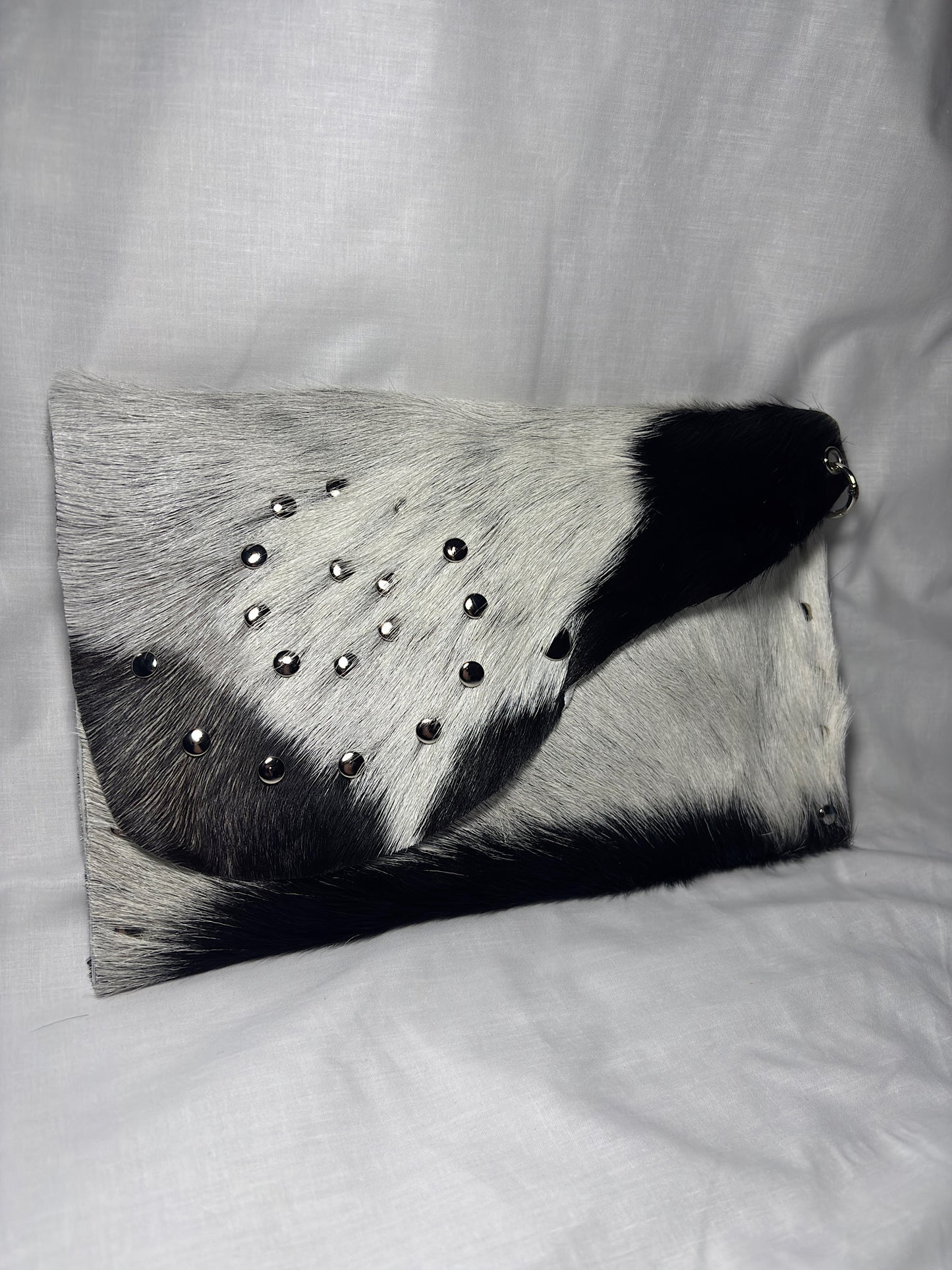 Black and White Hair-On Leather Studded Clutch Bag