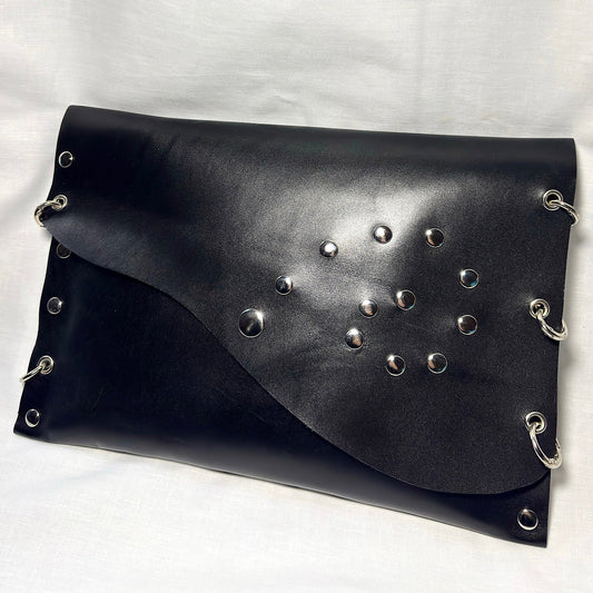 Black Studded Leather Clutch Bag