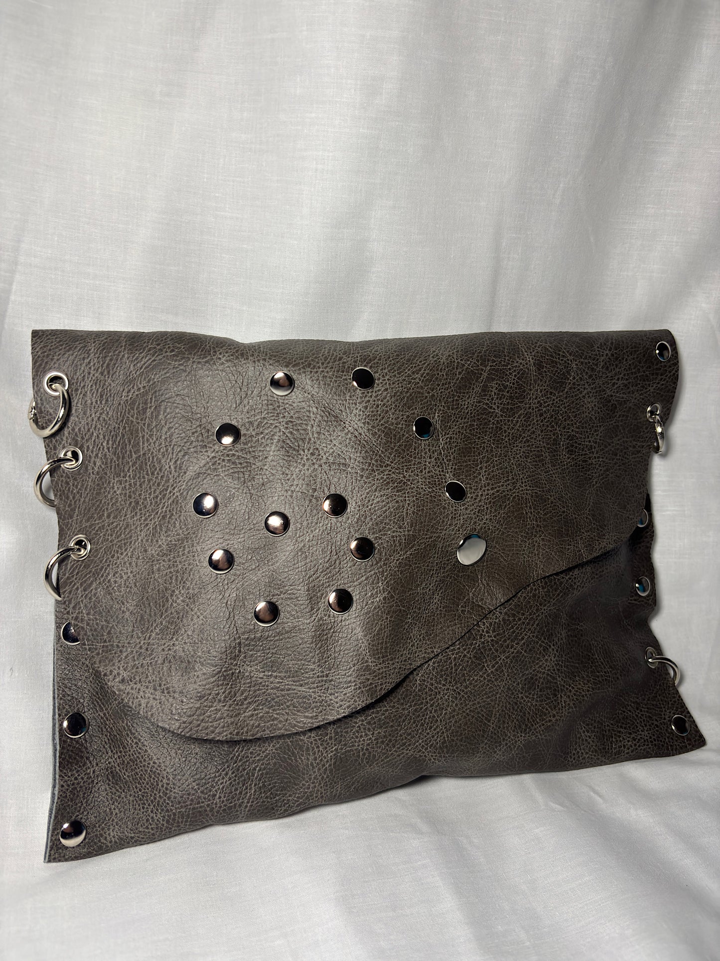 Charcoal Leather Studded Clutch Bag
