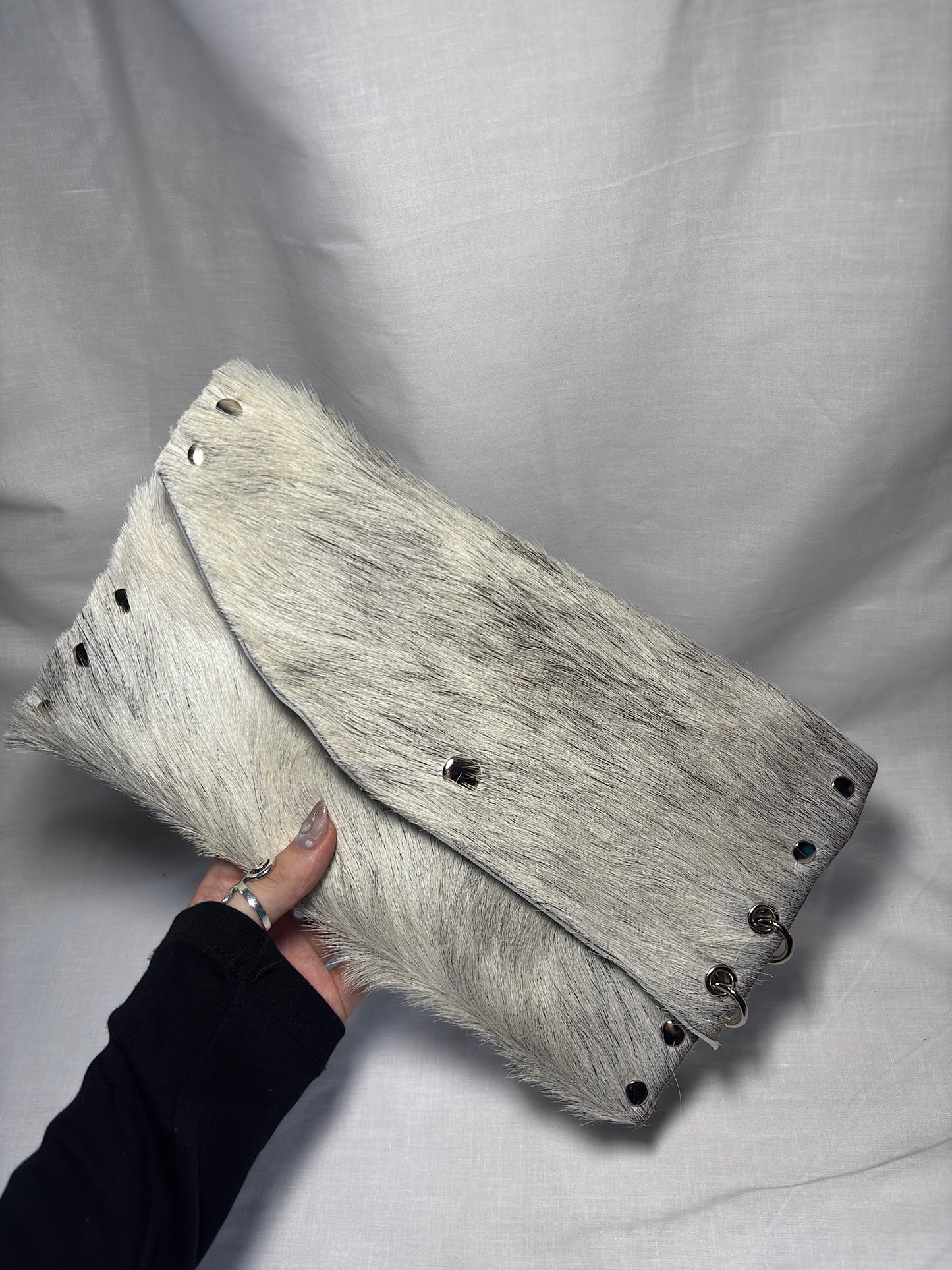 White and Grey Hair-On Leather Clutch Bag