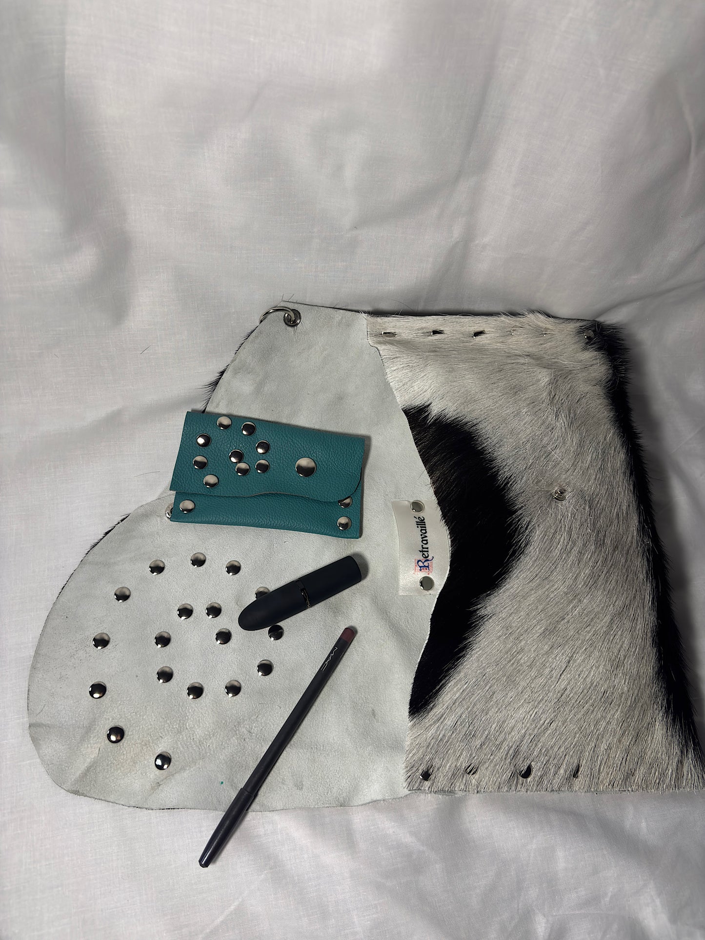 Black and White Hair-On Leather Studded Clutch Bag