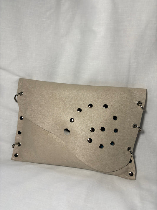 Beige Studded Leather Clutch Bag