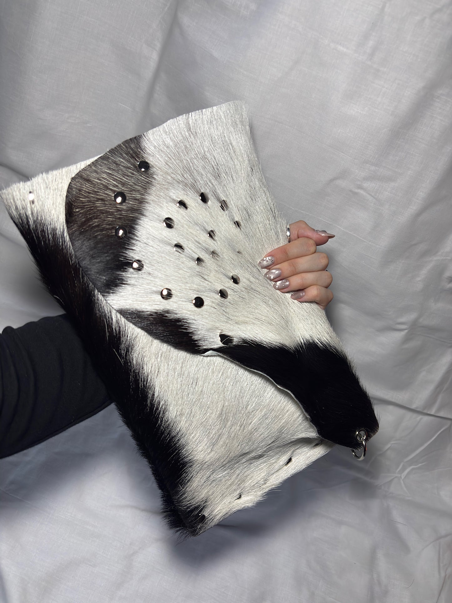 Black and White Hair-On Leather Studded Clutch Bag