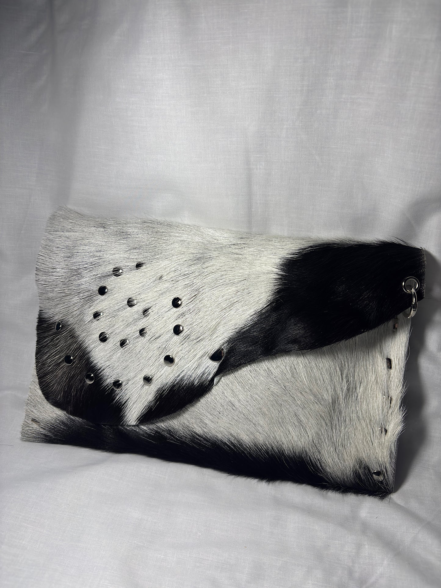 Black and White Hair-On Leather Studded Clutch Bag