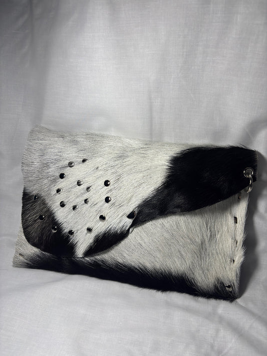Black and White Hair-On Leather Studded Clutch Bag