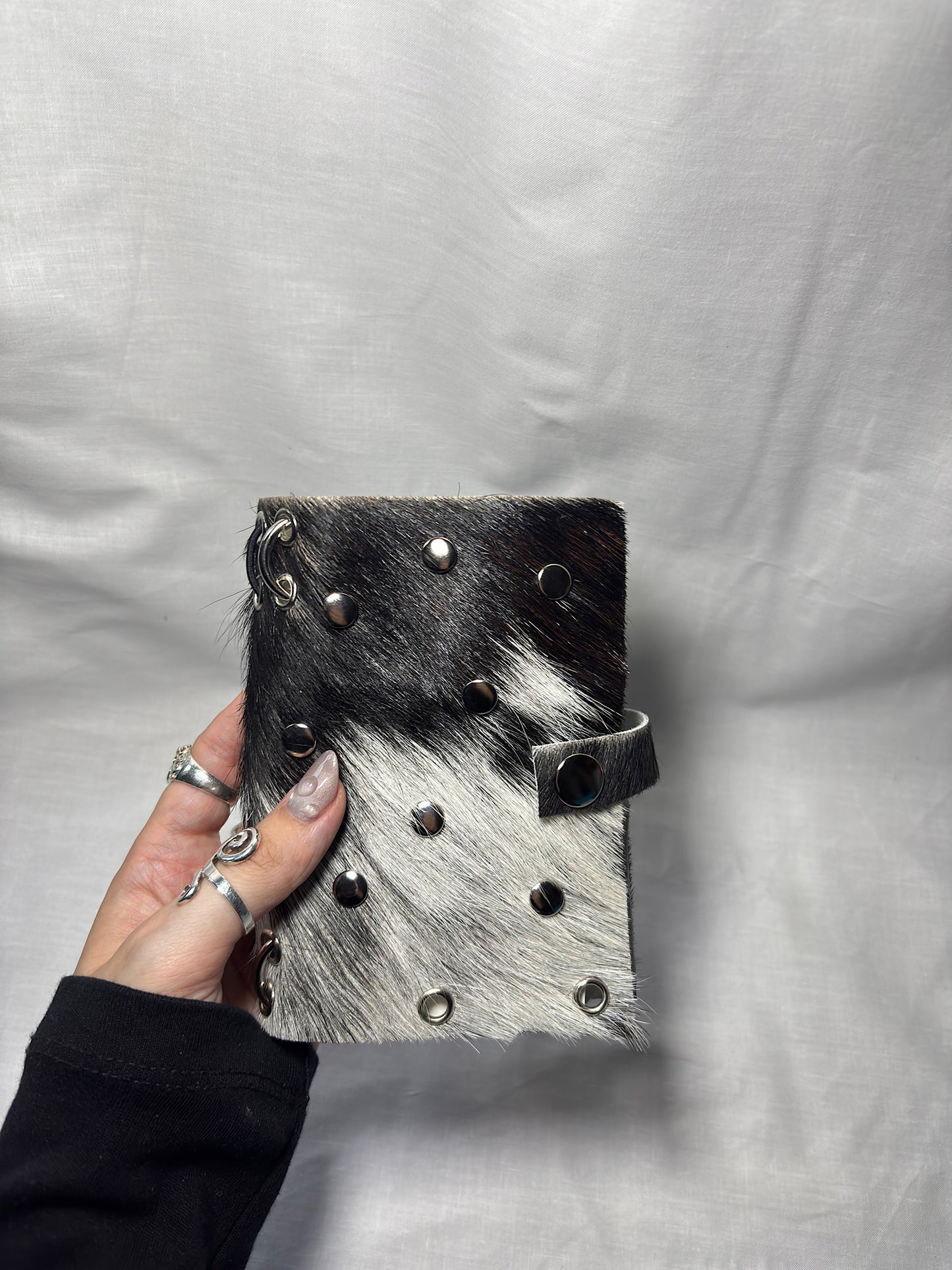 Black and White Hair-On Studded Leather A6 Bifold Journal