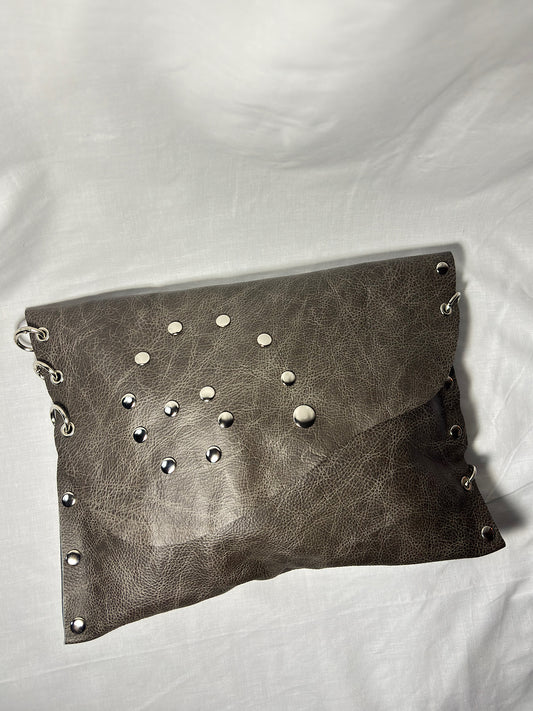 Charcoal Leather Studded Clutch Bag