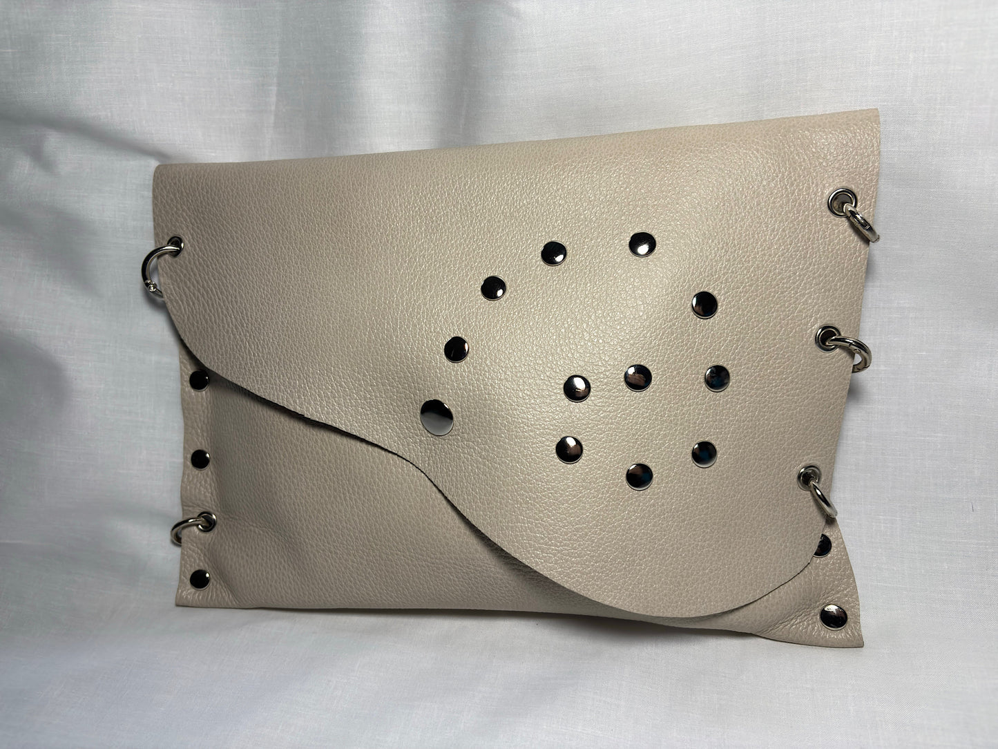 Beige Studded Leather Clutch Bag